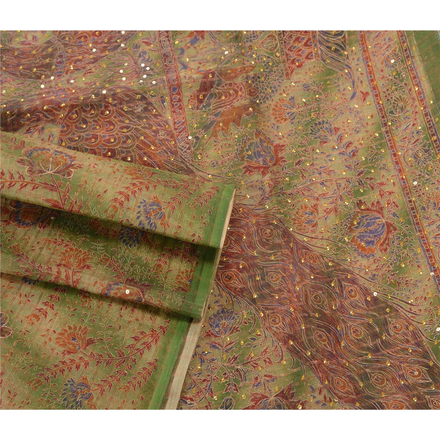 Sanskriti Vintage Green Sarees Pure Cotton Hand Beaded Painted Craft Sustainable Fabric Sari