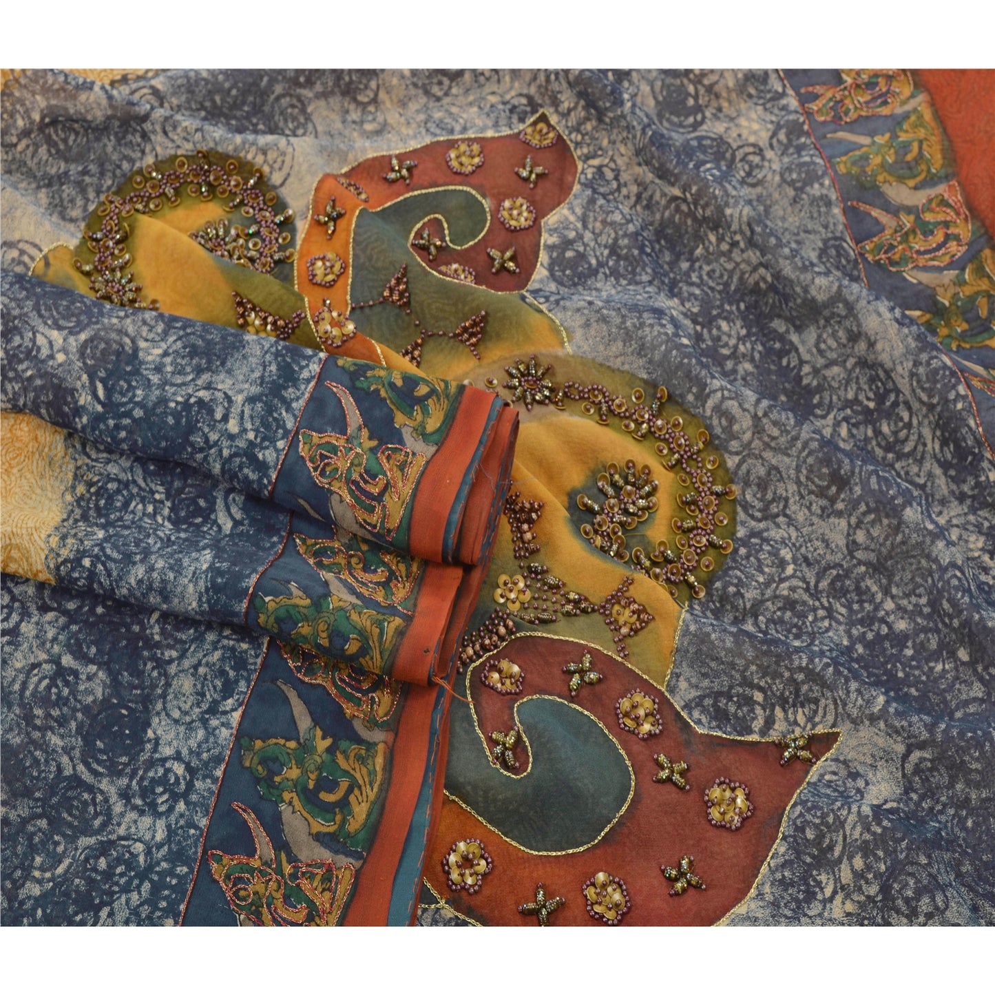 Sanskriti Vintage Sarees Pure Georgette Silk Hand Beaded Bollywood Sari Sustainable Fabric