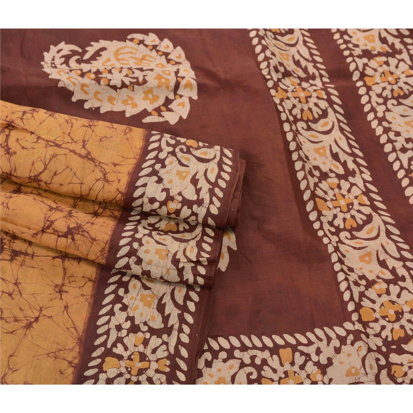 Sanskriti Vintage Saffron Indian Sari Pure Silk Batik Work Craft Sustainable Fabric Sarees