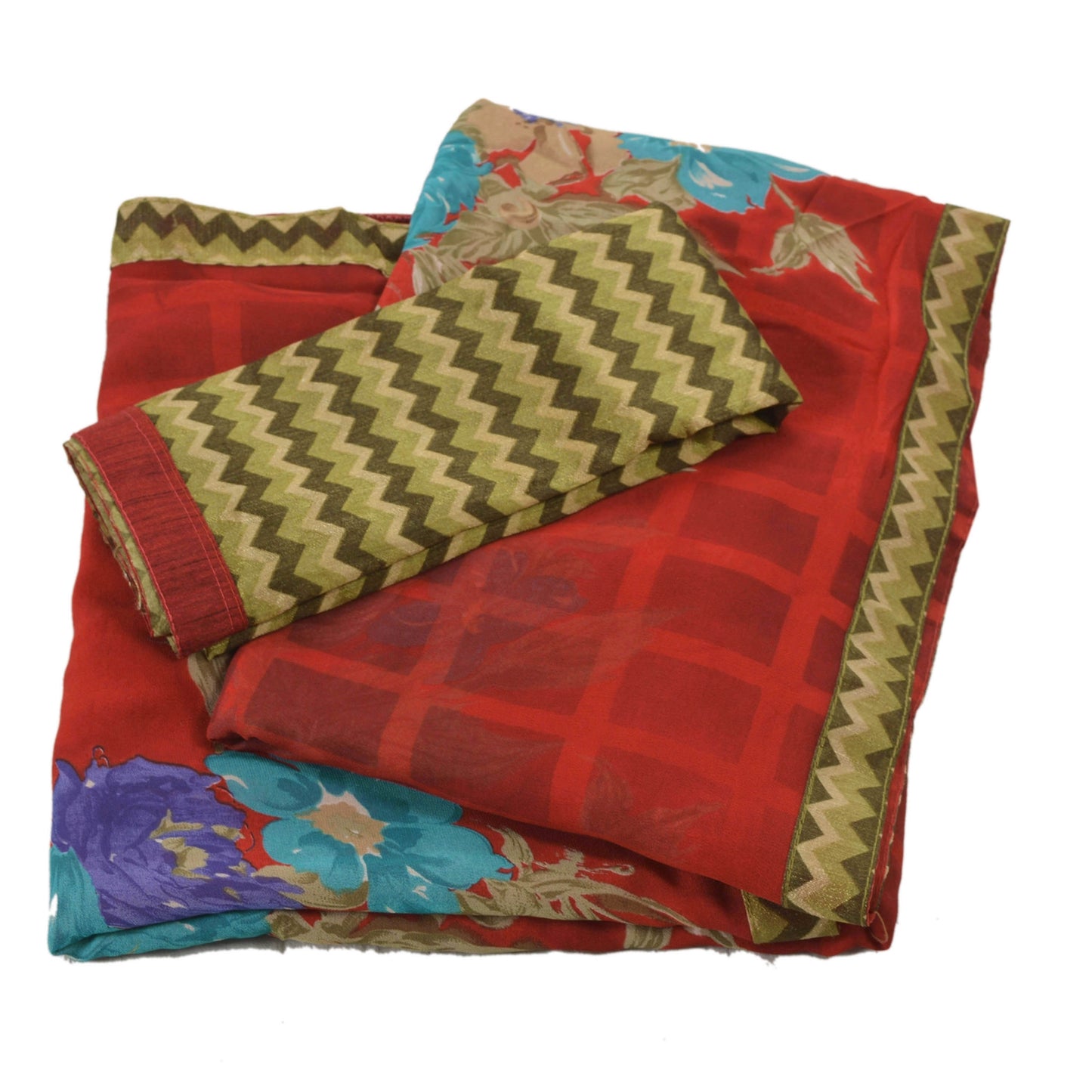 Sanskriti Vintage Røde Sarier Georgette Broderet Bæredygtigt Stoff 5 Yard Sari Blusedel