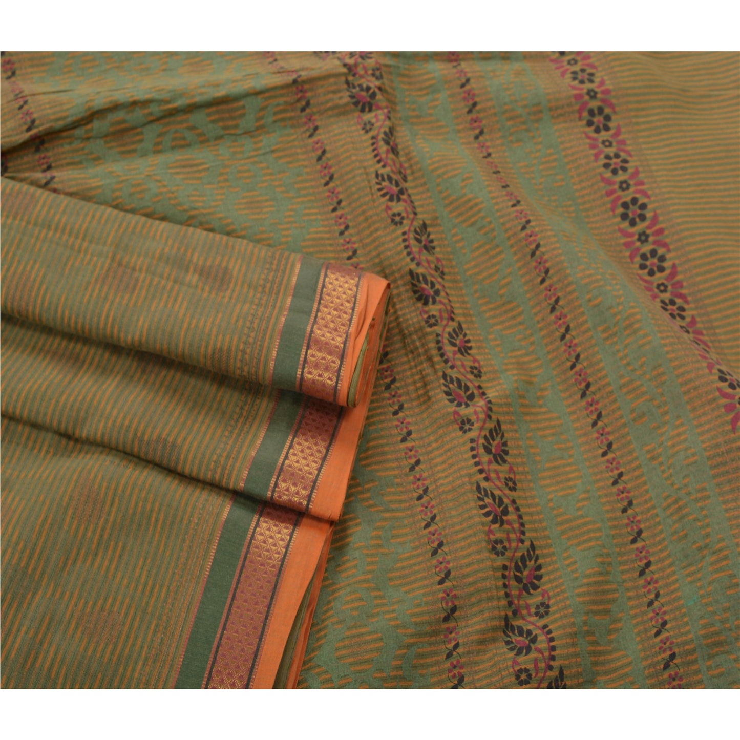 Sanskriti Vintage Green Sarees Cotton Woven Block Printed Craft Sustainable Fabric 5 YD Sari