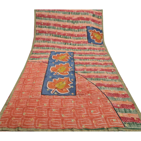 Sanskriti Vintage Sari Pure Crepe Silk Embroidered Craft Sarees Premium Sustainable Fabric