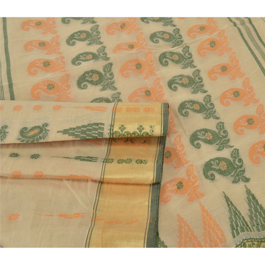 Sanskriti Vintage Cream Indian Sari Pure Cotton Woven Sarees Craft 5 Yard Sustainable Fabric