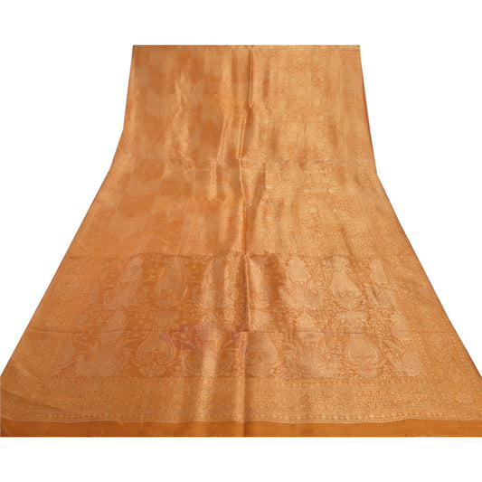 Sanskriti Vintage Saffron Sari Blend Silk Woven Sarees Craft 5 YD Premium Sustainable Fabric