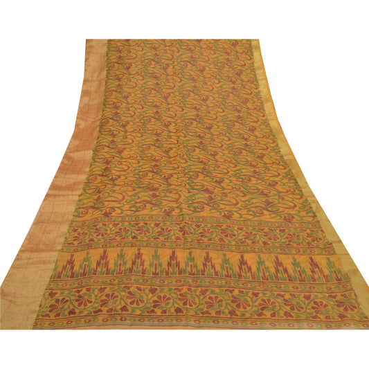 Sanskriti Vintage Yellow Sarees Cotton Printed Sari Premium Craft 5 Yard Sustainable Fabric