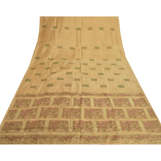 Sanskriti Vintage Cream Indian Sari Pure Silk Woven Sarees Premium Craft Sustainable Fabric
