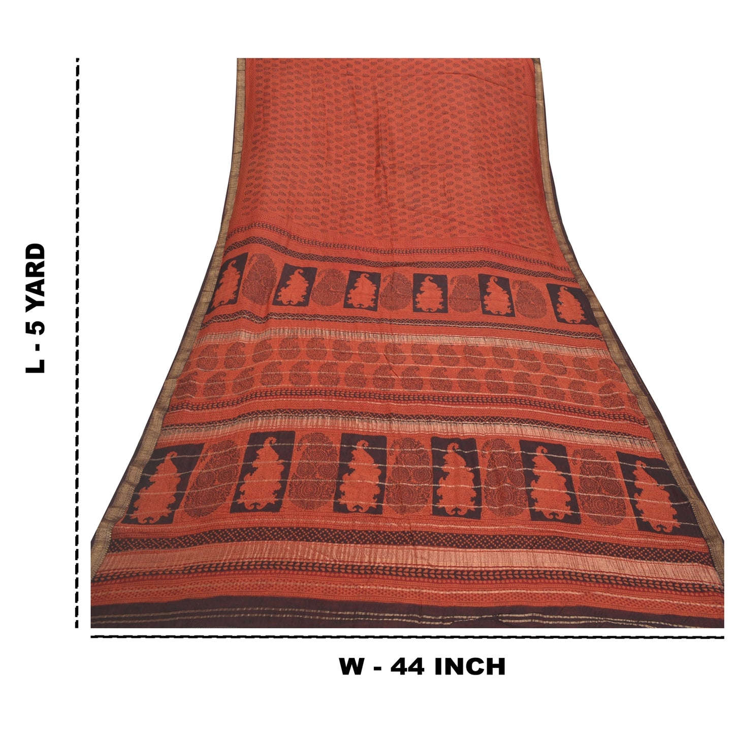Sanskriti Vintage Rusty Orange Sarees Pure Cotton Block Print Sari Craft Sustainable Fabric