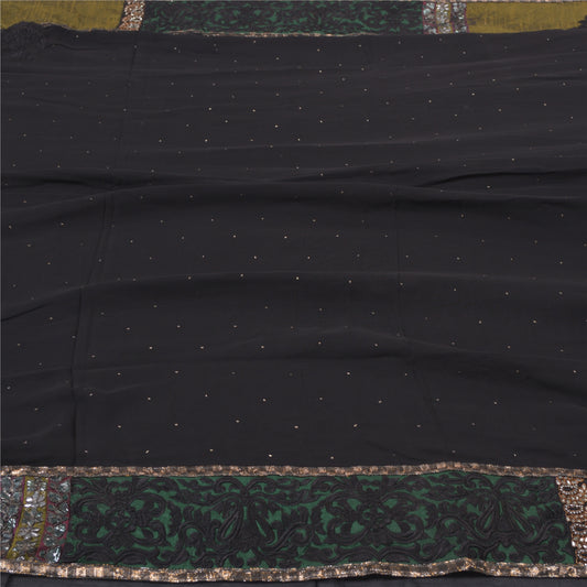Sanskriti Vintage Black Sarees Blend Georgette Handmade Cultural Craft Sustainable Fabric