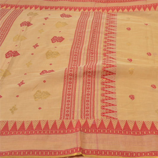Sanskriti Vintage Beige Indian Sari Pure Cotton Hand Woven Sarees Premium Sustainable Fabric