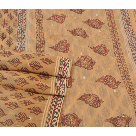 Sanskriti Vintage Peach Indian Sari Blend Cotton Block Printed Sarees Sustainable Fabric