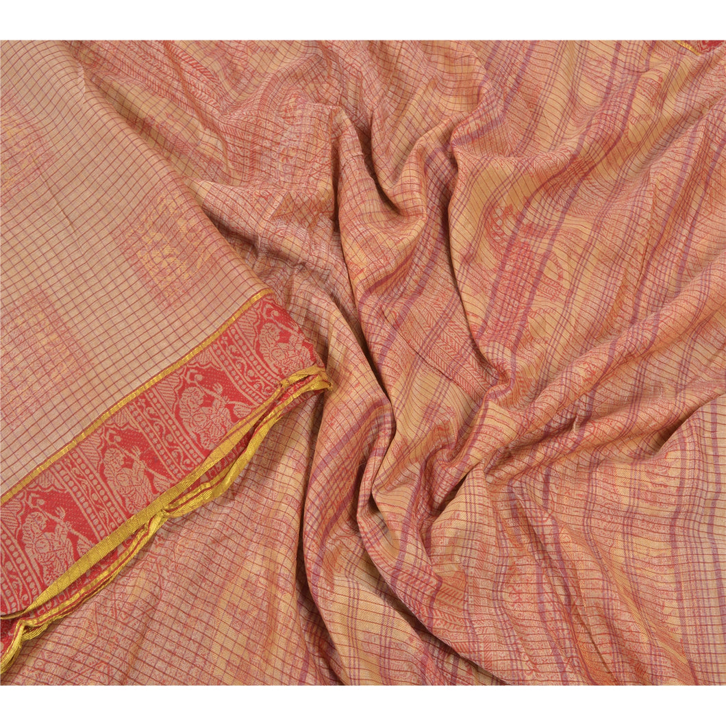 Sanskriti Vintage Cream Sarees Pure Cotton Woven Baluchari Human Sari Fabric