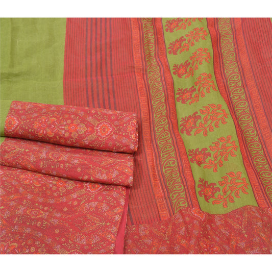 Sanskriti Vintage Green Sarees Cotton Printed Indian Sari Craft 5 Yard Sustainable Fabric