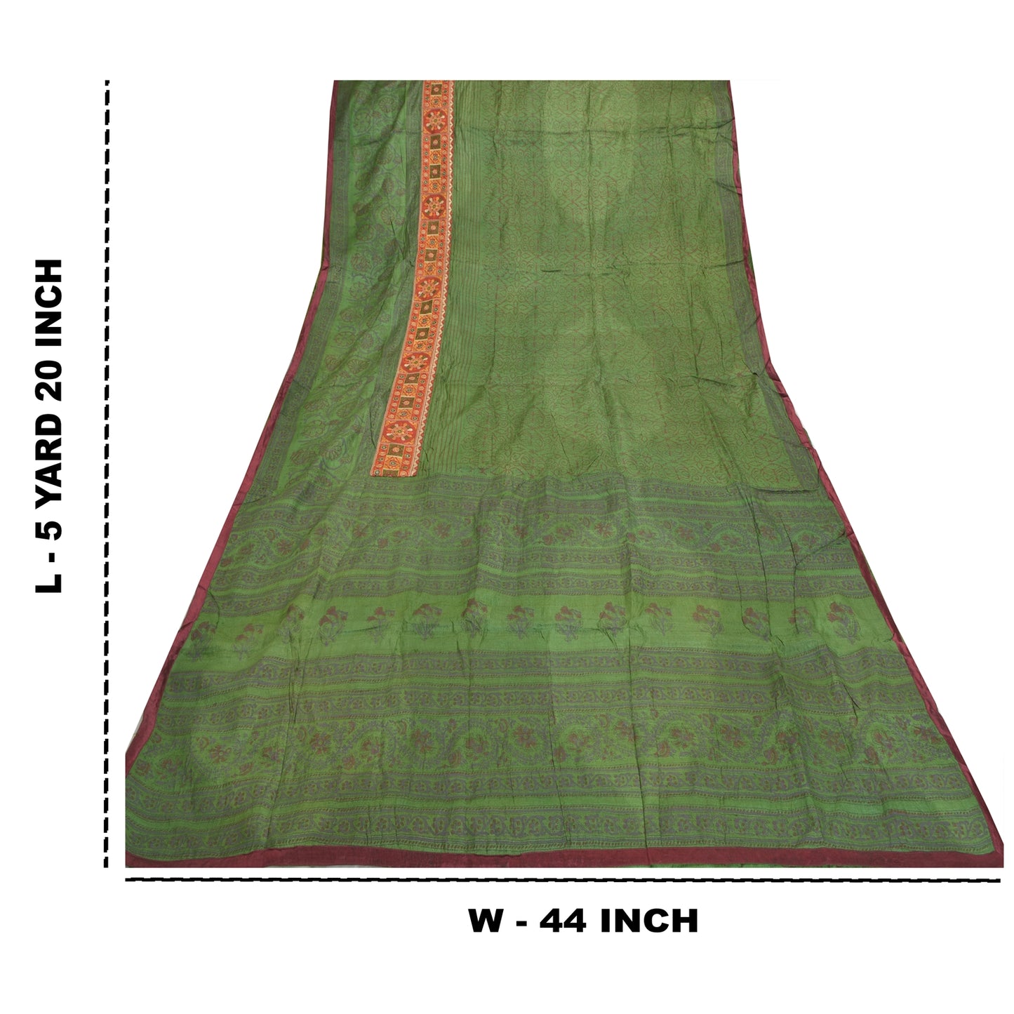 Sanskriti Vintage Green Sarees Pure Silk Block Print Premium Sari 5 Yard Sustainable Fabric