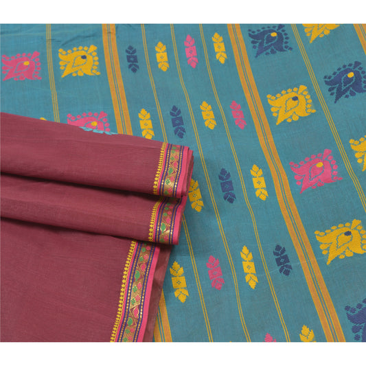 Sanskriti Vintage Blue Sarees Pure Silk Handwoven Tant Sari Premium Sustainable Fabric