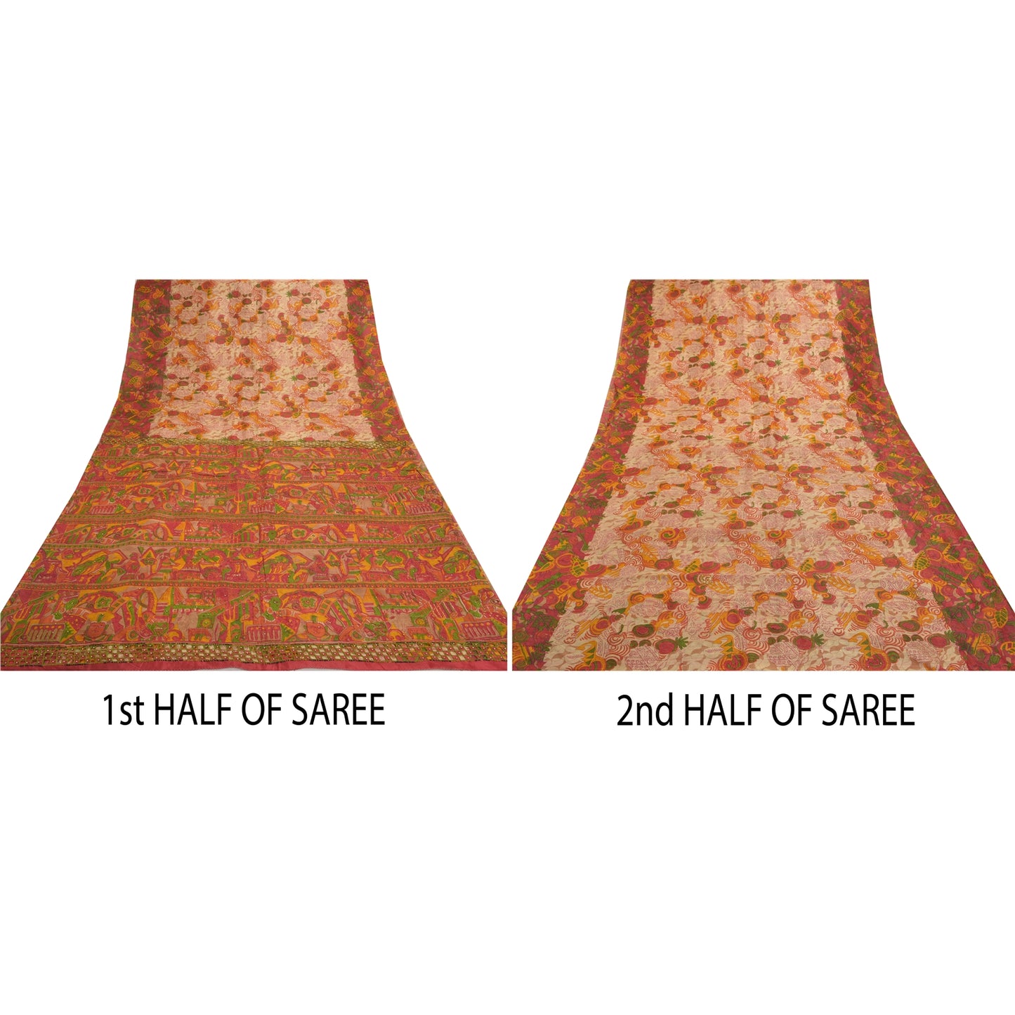 Sanskriti Vintage Red Sarees 100% Pure Silk Hand Beaded Indian Sari Craft Sustainable Fabric