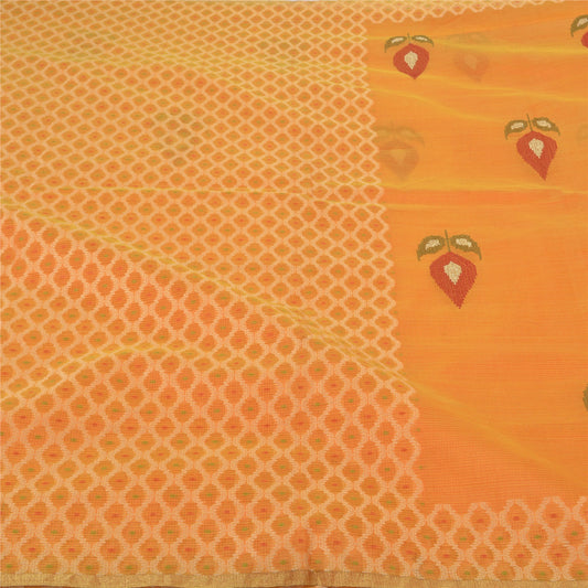 Sanskriti Vintage Sindhi Embroidered Saffron Cotton Sari Fabric: Floral Kota Border Indian Heritage Textile Craft Supplies Material & Upcyclers