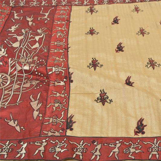 Sanskriti Vintage Red Sarees Art Silk Embroidered Warli Premium Sari Sustainable Fabric