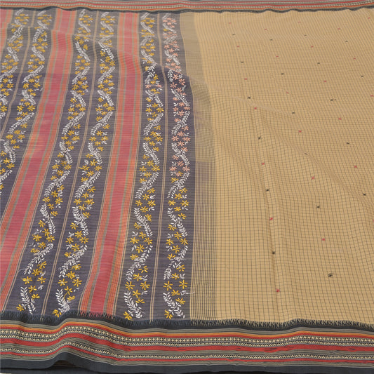 Sanskriti Vintage Beige Sarees Blend Cotton Sari Handmade Ilkal Sustainable Fabric