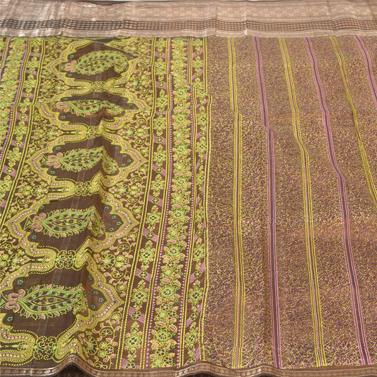 Sanskriti Vintage Sarees Pure Silk Brown Painted Woven Zari Sari Premium Sustainable Fabric