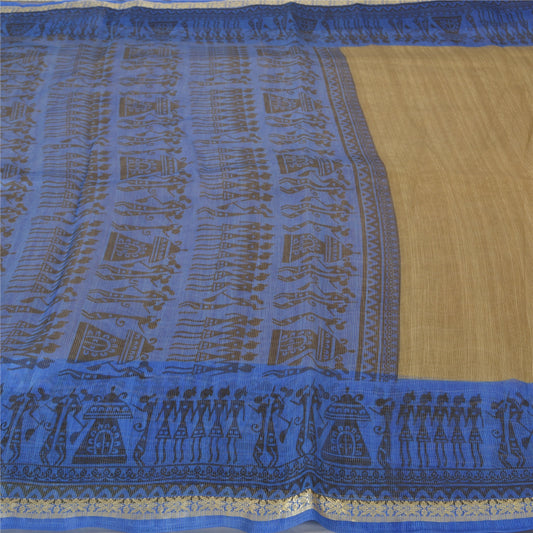 Sanskriti Vintage Blue Sarees Art Silk Warli Print Human Sari 5 Yard Sustainable Fabric