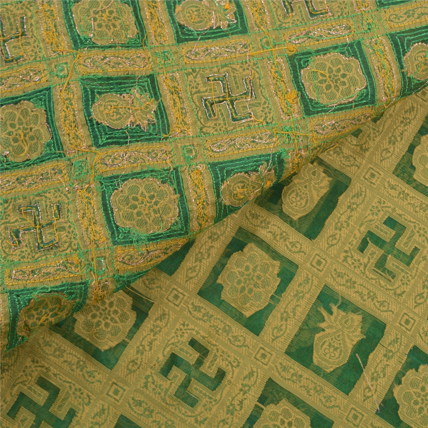 Sanskriti Vintage Green Sarees Organza Hand Beaded Woven Premium Sari Sustainable Fabric