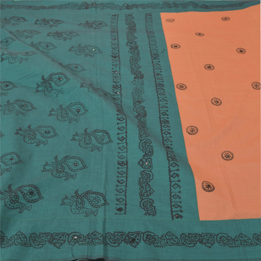 Sanskriti Vintage Green Sarees Blend Cotton Handmade Block Print Sari Sustainable Fabric
