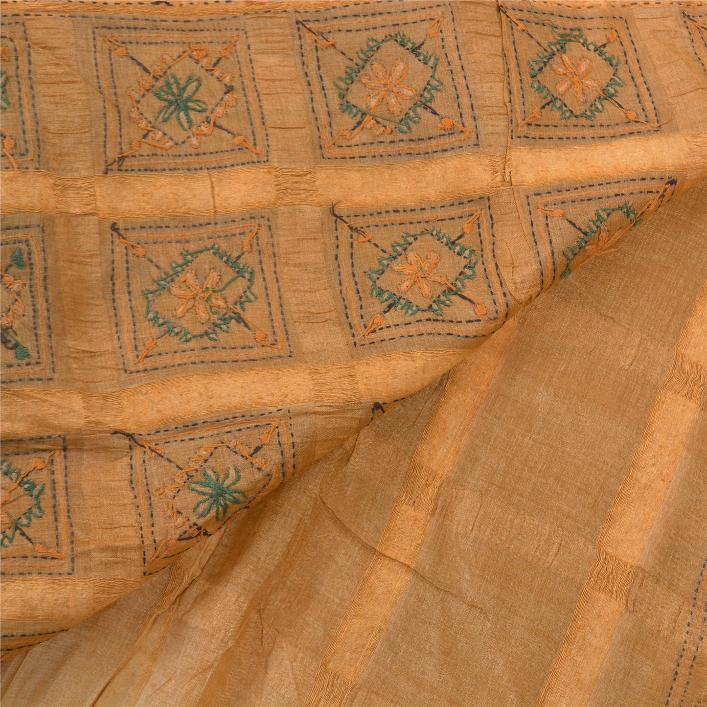 Sanskriti Vintage Beige Sarier Ren Silke Sari Håndbroderet Kantha Bæredygtigt Stoff