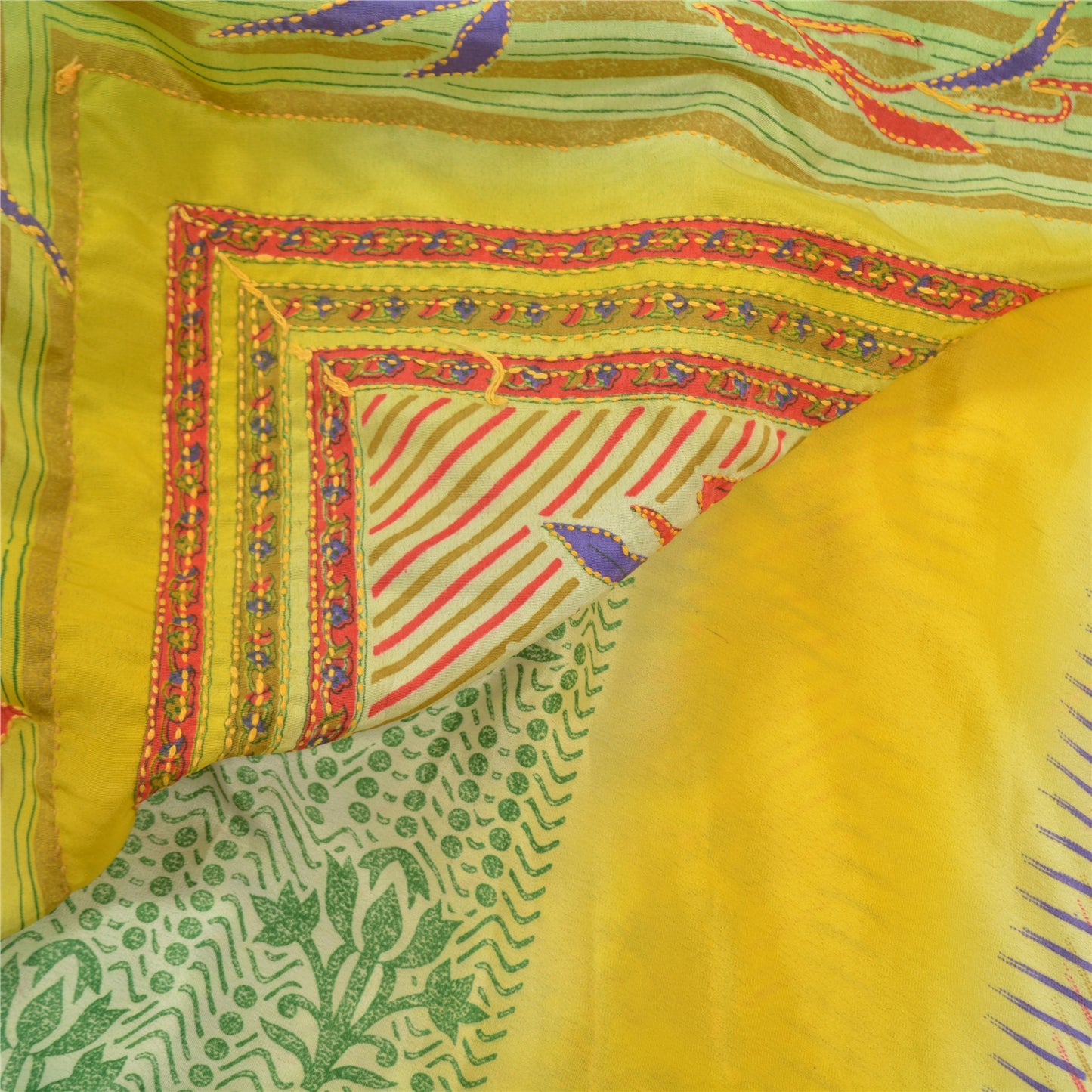 Sanskriti Vintage Green Indian Sarees Crepe Silk Sari Hand Beaded Kantha Sustainable Fabric