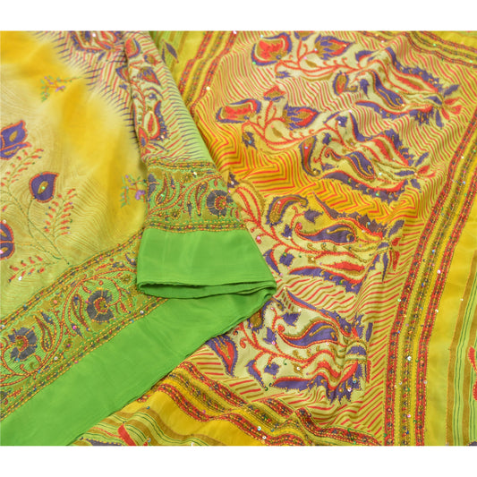 Sanskriti Vintage Green Indian Sarees Crepe Silk Sari Hand Beaded Kantha Sustainable Fabric
