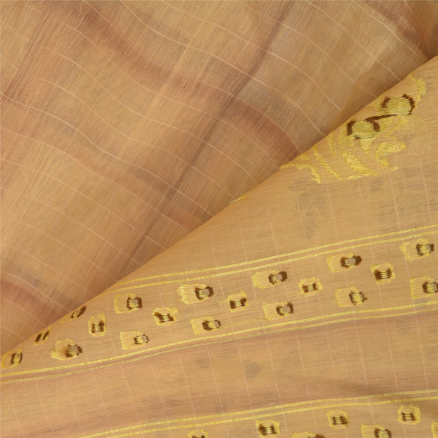Sanskriti Vintage Beige Sarees 100% Pure Silk Handwoven Sari 5 Yard Sustainable Fabric