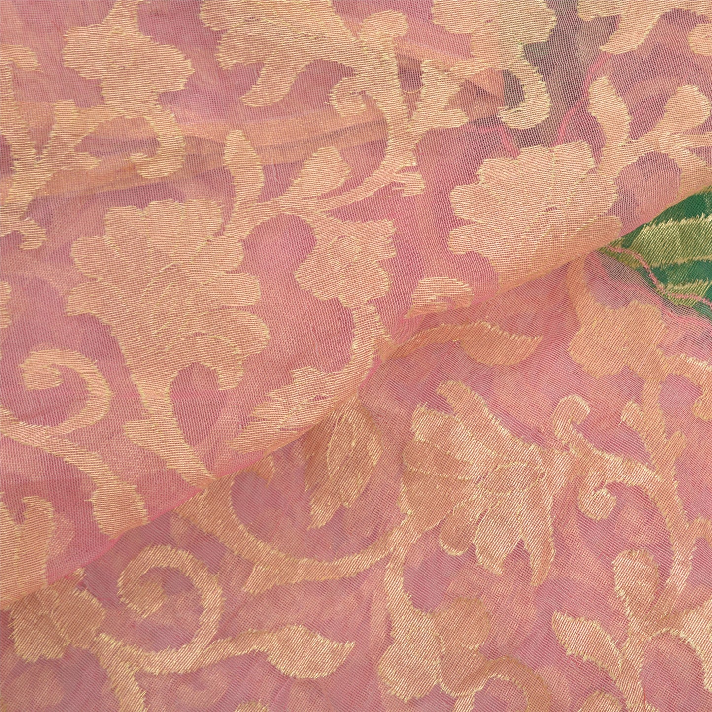 Sanskriti Vintage Green Sarees Net Mesh Woven Sari Premium 5 Yard Sustainable Fabric