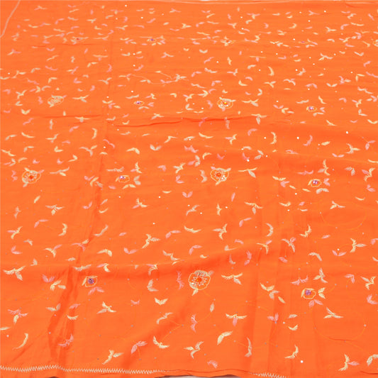 Sanskriti Vintage Orange Sari Pure Crepe Silk Hand Beaded Sarees Premium Sustainable Fabric