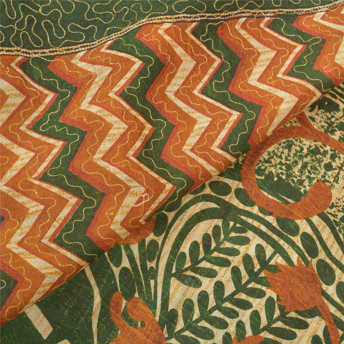 Sanskriti Vintage Green Sarees Pure Silk Embroidered Indian Craft Sari Sustainable Fabric