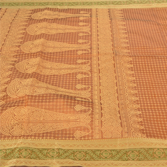 Sanskriti Vintage Rusty Brown Sarees 100% Pure Silk Painted Craft Sari Sustainable Fabric