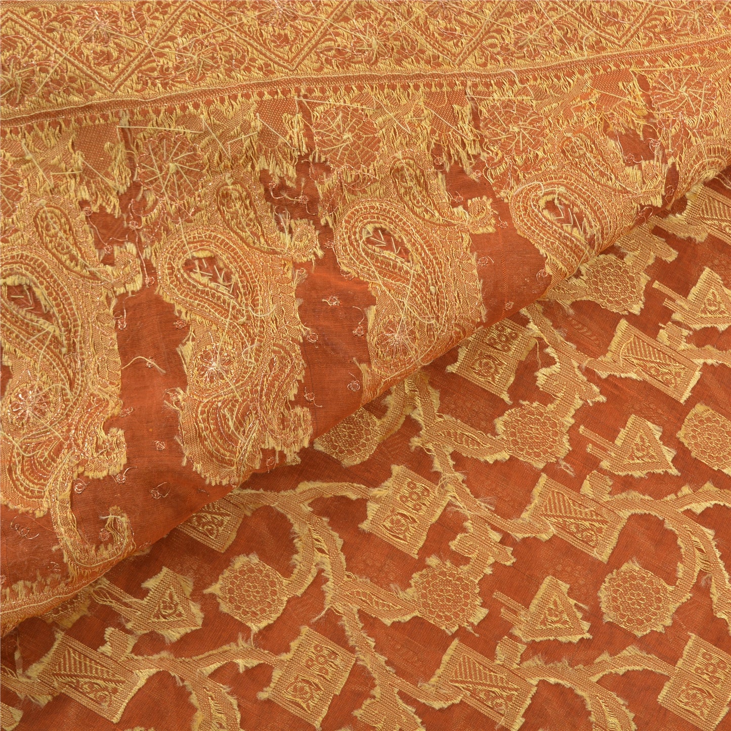 Sanskriti Vintage Orange Sarees Organza Hand Beaded Woven Ethnic Sari Sustainable Fabric
