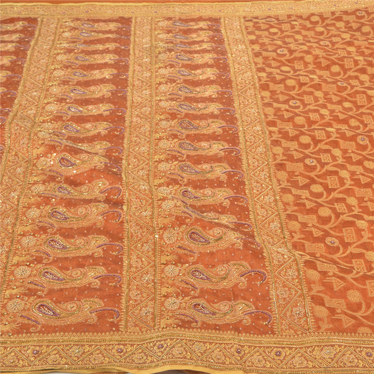 Sanskriti Vintage Orange Sarees Organza Hand Beaded Woven Ethnic Sari Sustainable Fabric