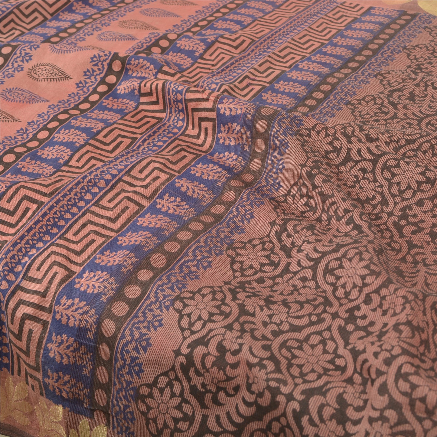 Sanskriti Vintage Peach Sarees Cotton Silk Printed & Woven Craft Sari Sustainable Fabric
