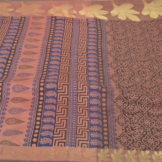 Sanskriti Vintage Peach Sarees Cotton Silk Printed & Woven Craft Sari Sustainable Fabric