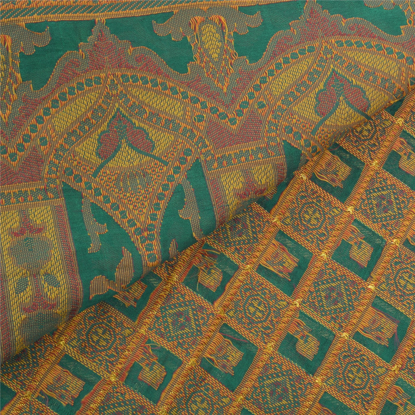 Sanskriti Vintage Rama Green Sarees Blend Georgette Hand- Woven Sari Sustainable Fabric