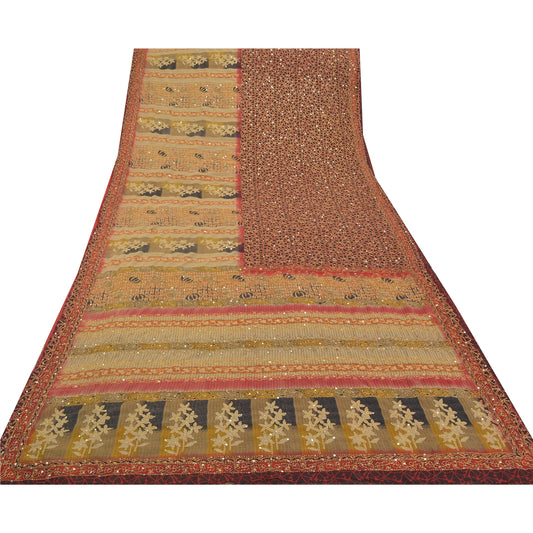 Sanskriti Vintage Indian Sarees Georgette Premium Sari Hand Beaded Kantha Sustainable Fabric