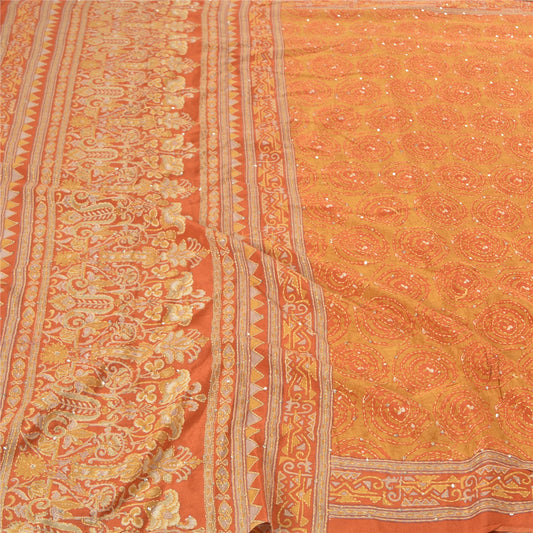 Sanskriti Vintage Orange Sarees Pure Silk Sari Hand Beaded Kantha 5 Yard Sustainable Fabric