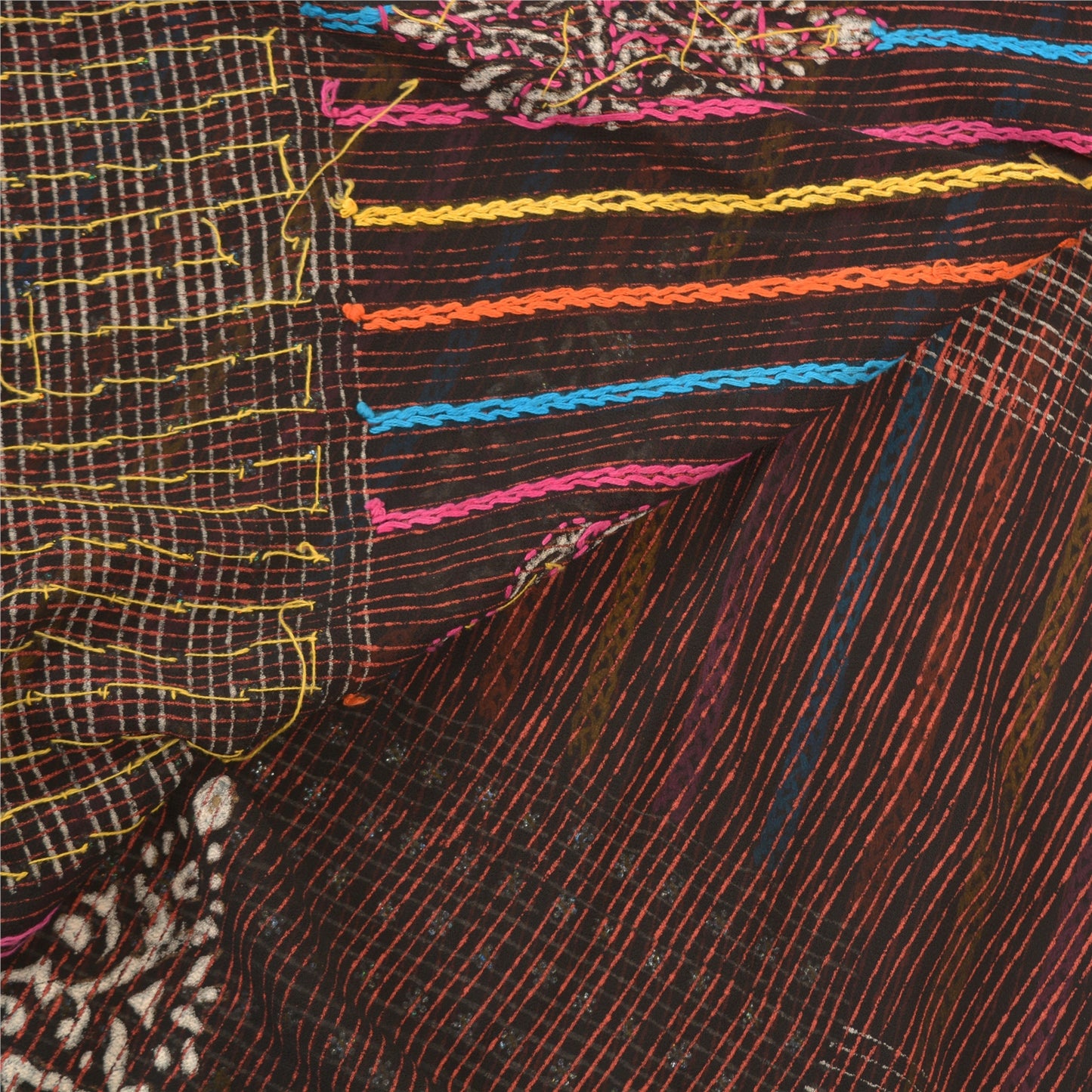 Sanskriti Vintage Sarees Blend Georgette Hand Beaded Cultural Craft Sari Sustainable Fabric