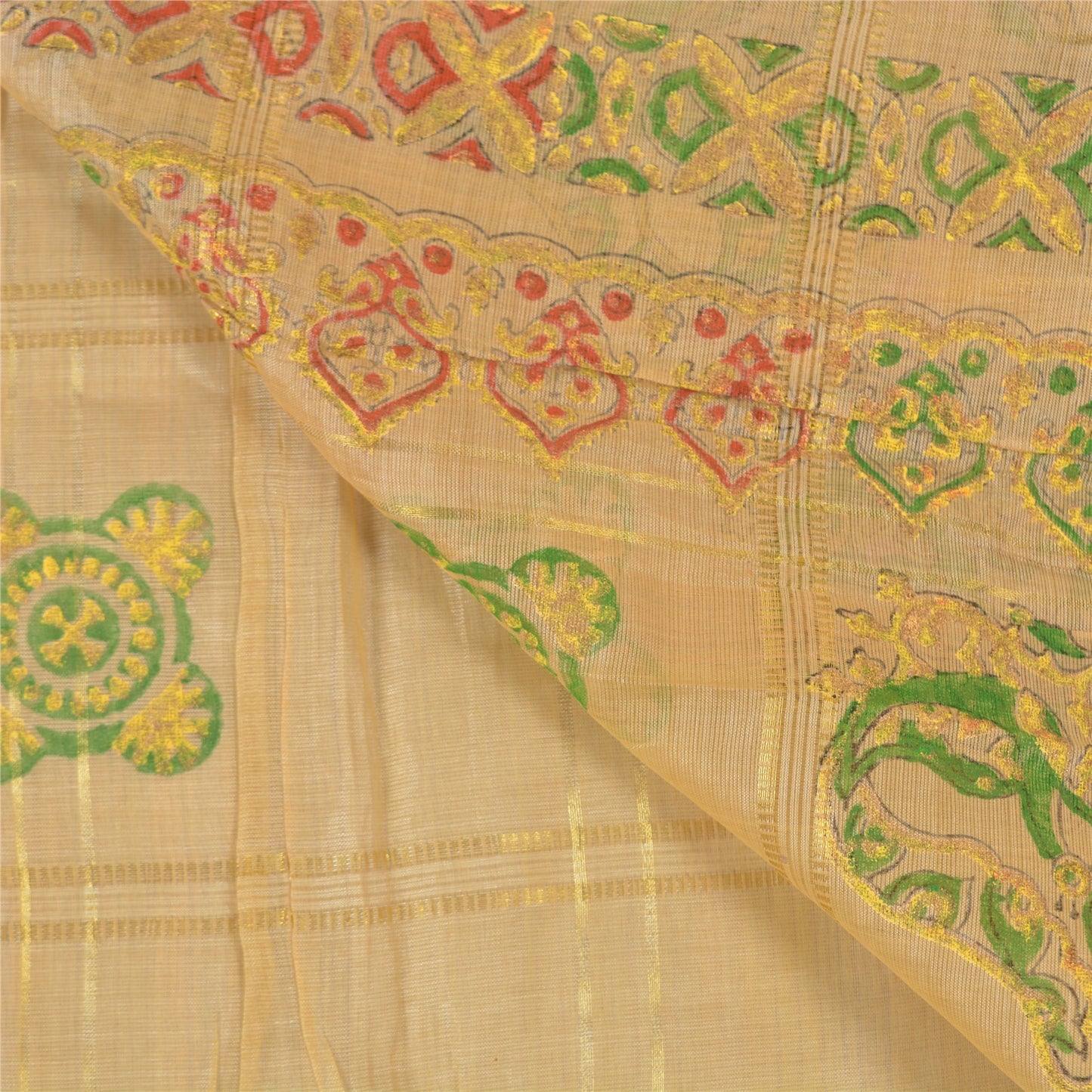 Sanskriti Vintage Beige Sarees 100% Pure Silk Painted Craft Sari 5 Yard Sustainable Fabric