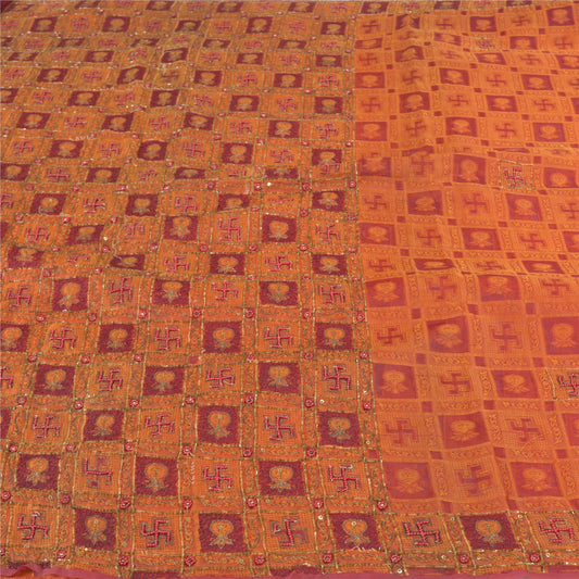 Sanskriti Vintage Dark Red Sarees Organza Hand Beaded Woven Premium Sari Sustainable Fabric