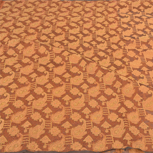 Sanskriti Vintage Brown Sarees Pure Organza Silk Hand Beaded Premium Sari Sustainable Fabric