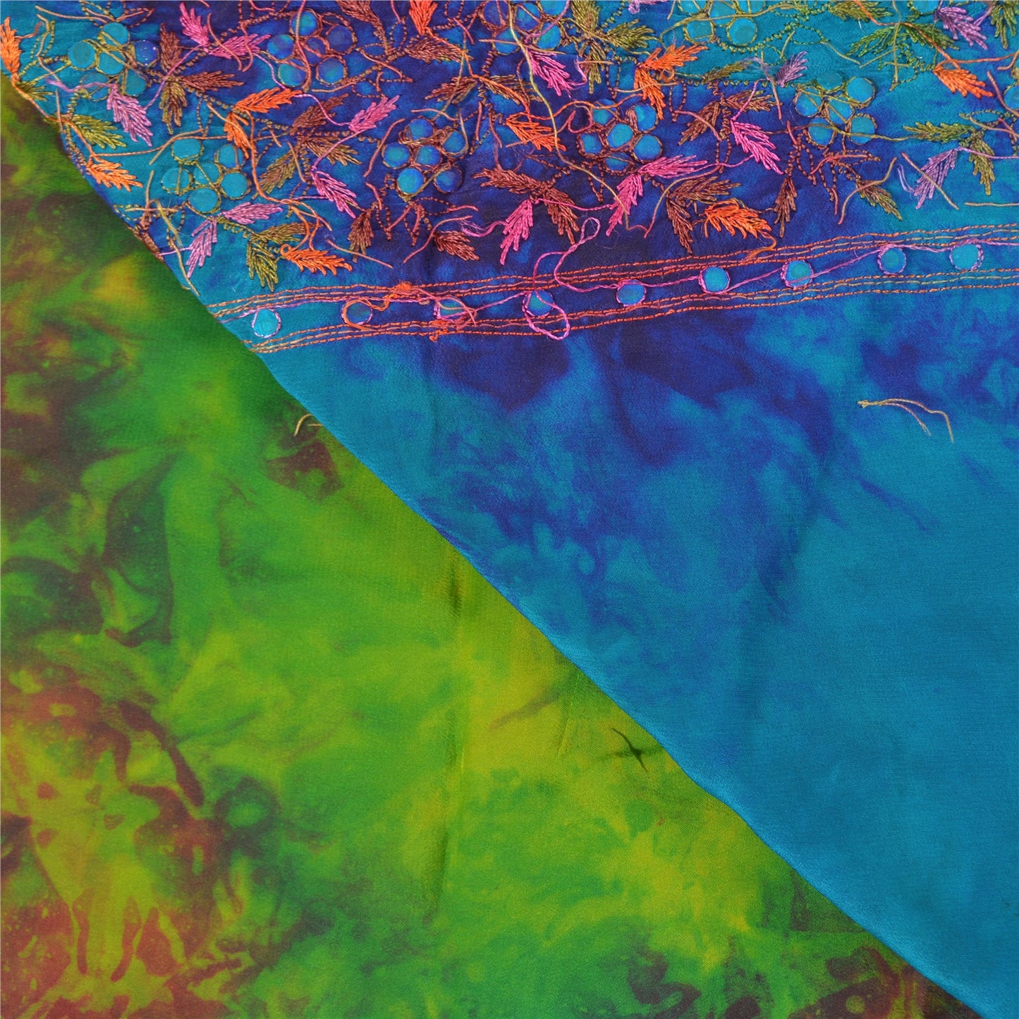 Sanskriti Vintage Sarees Green Pure Silk Beaded TIe-Dye Premium Sari Sustainable Fabric