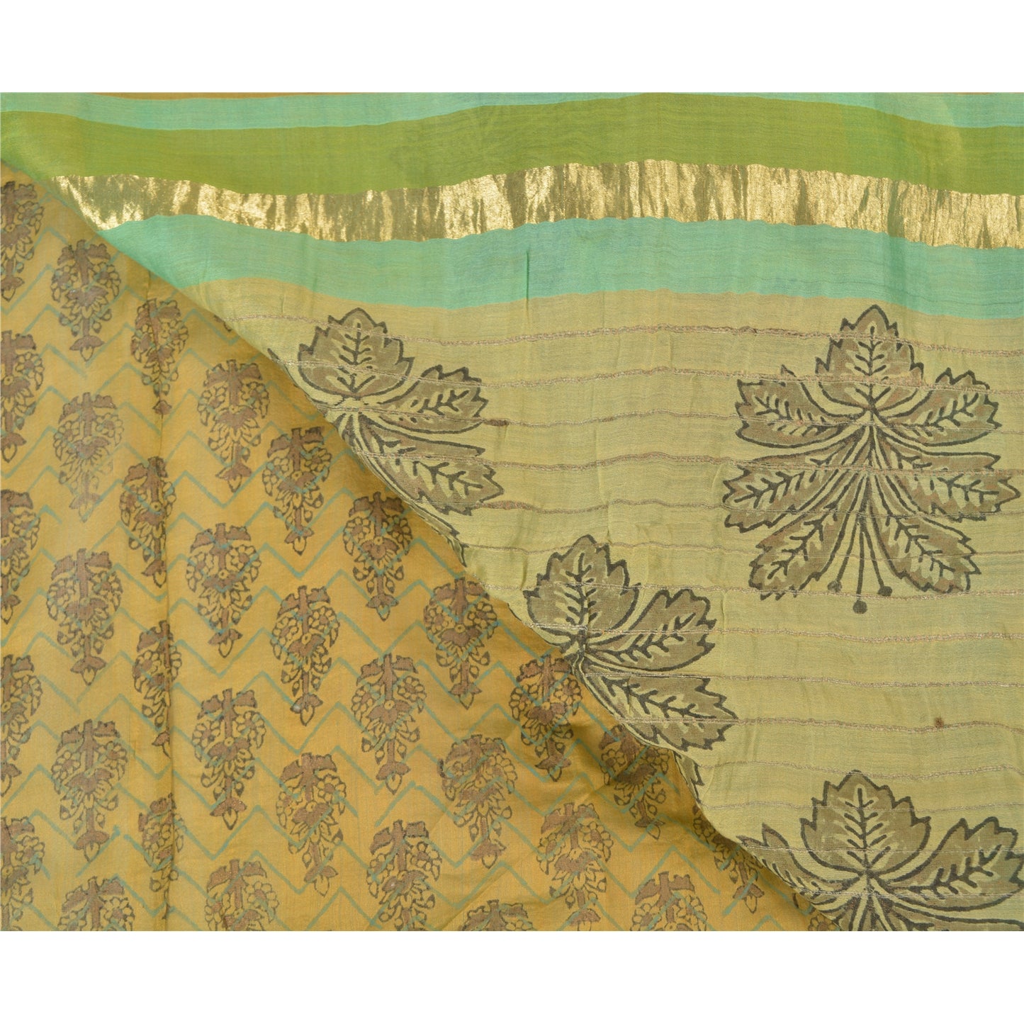 Sanskriti Vintage Green Sarees Pure Chanderi Silk Block Printed Sari Sustainable Fabric