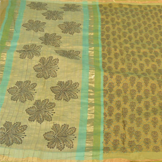 Sanskriti Vintage Green Sarees Pure Chanderi Silk Block Printed Sari Sustainable Fabric