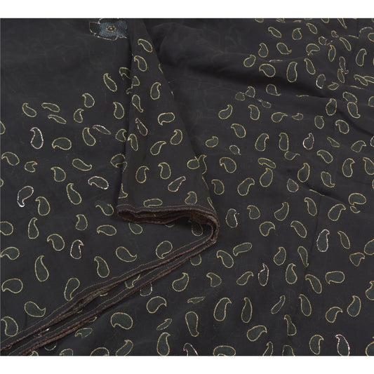 Sanskriti Vintage Black Sarees Pure Georgette Hand Embroidered Craft Sari Sustainable Fabric