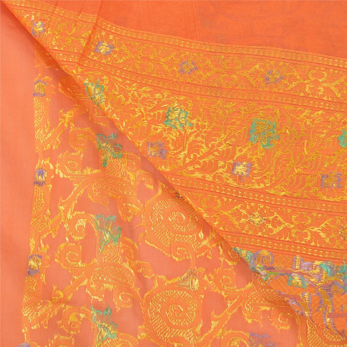 Sanskriti Vintage Handwoven Orange Blend Silk Sari Fabric - 5yd Vintage Craft Supply Pre-owned Indian Saree Fabric Upcycled Remnant Fabric